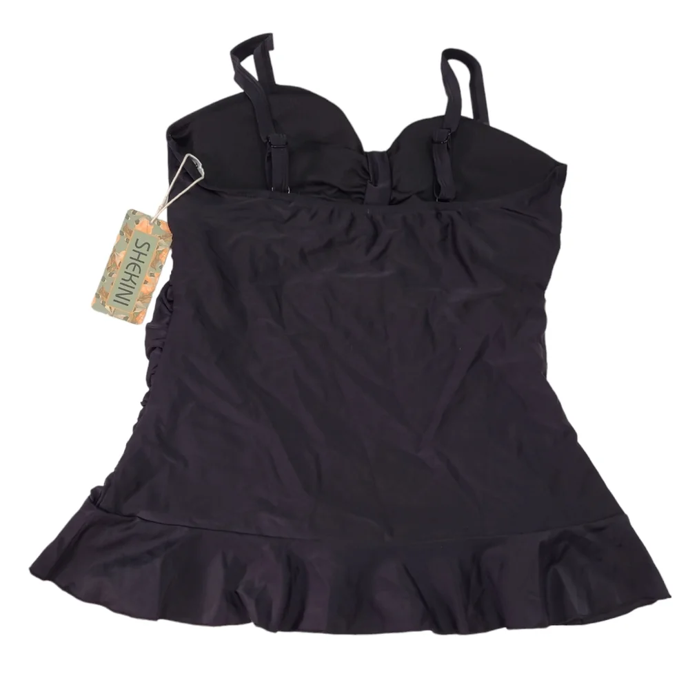 Women Tankini Top Swimwear Ruffle Hem Bating Suit Tummy Control Black X-Large